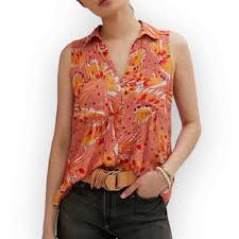 Vera for Anthropologie Floral Tank Orange Blouse Retro